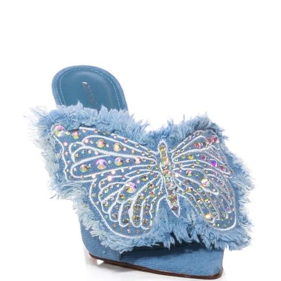 NWT. Azalea Wang Embellished Butterfly Stiletto Sandal In Denim. - Picture 4 of 7